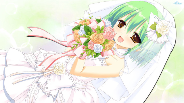 Woman green hair bouquet hugging free wallpaper for desktop - medium preview image