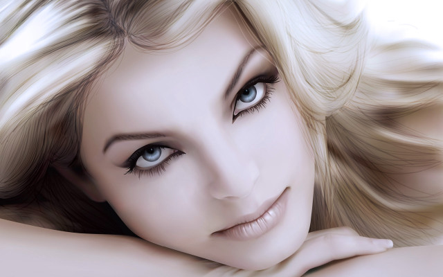 Blonde blueeyes smiling pose photorealistic free wallpaper for desktop - medium preview image
