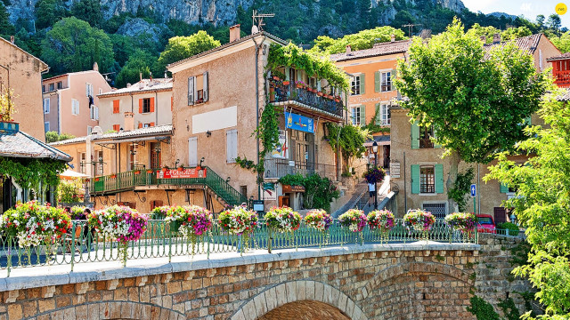 Bridge flowers building mountain trees free wallpaper for desktop - medium preview image