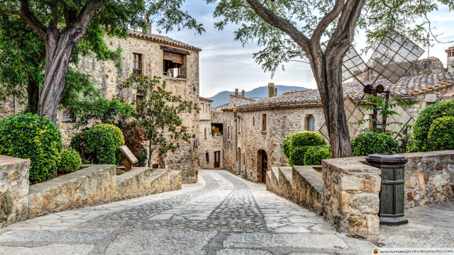 Stone street building trees fence free wallpaper for desktop - medium preview image