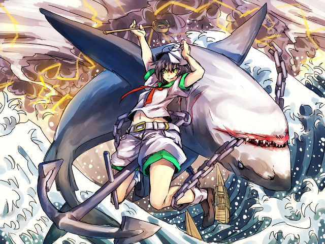 Woman costume riding shark sword free wallpaper for desktop - medium preview image