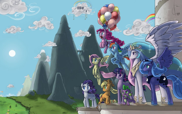Ponies balloons mountain ledge group free wallpaper for desktop - medium preview image