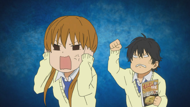 Anime characters mouths open holding free wallpaper for desktop - medium preview image