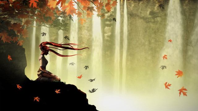Woman red hair cliff forest free wallpaper for desktop - medium preview image