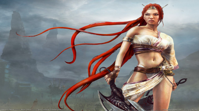 Woman red hair swords holding free wallpaper for desktop - medium preview image
