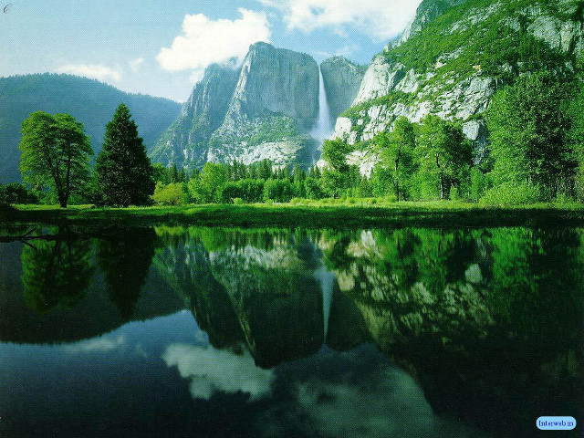 Mountain waterfall lake clouds sky free wallpaper for desktop - medium preview image