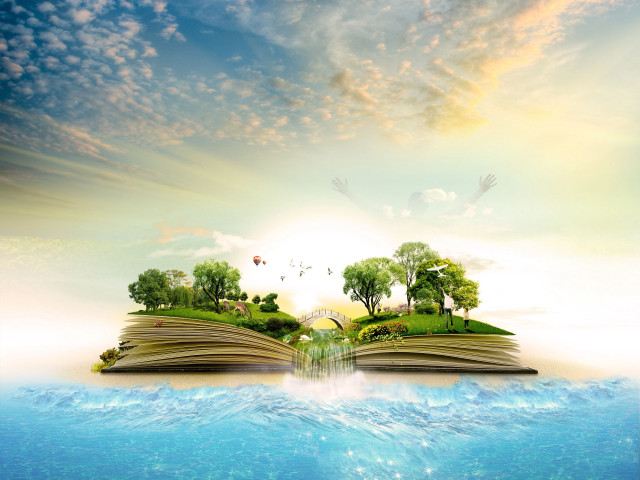 Open book landscape waterfall floating free wallpaper for desktop - medium preview image