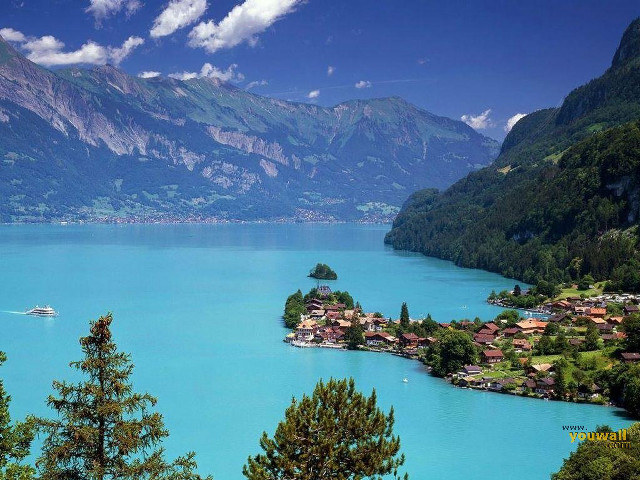 Lake mountains boat town forest free wallpaper for desktop - medium preview image