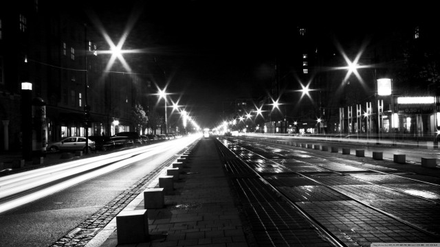 City street night streetlights benches free wallpaper for desktop - medium preview image