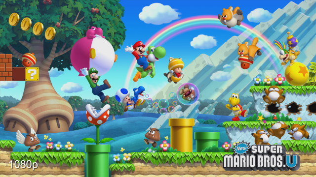 Mario game characters rainbow background free wallpaper for desktop - medium preview image