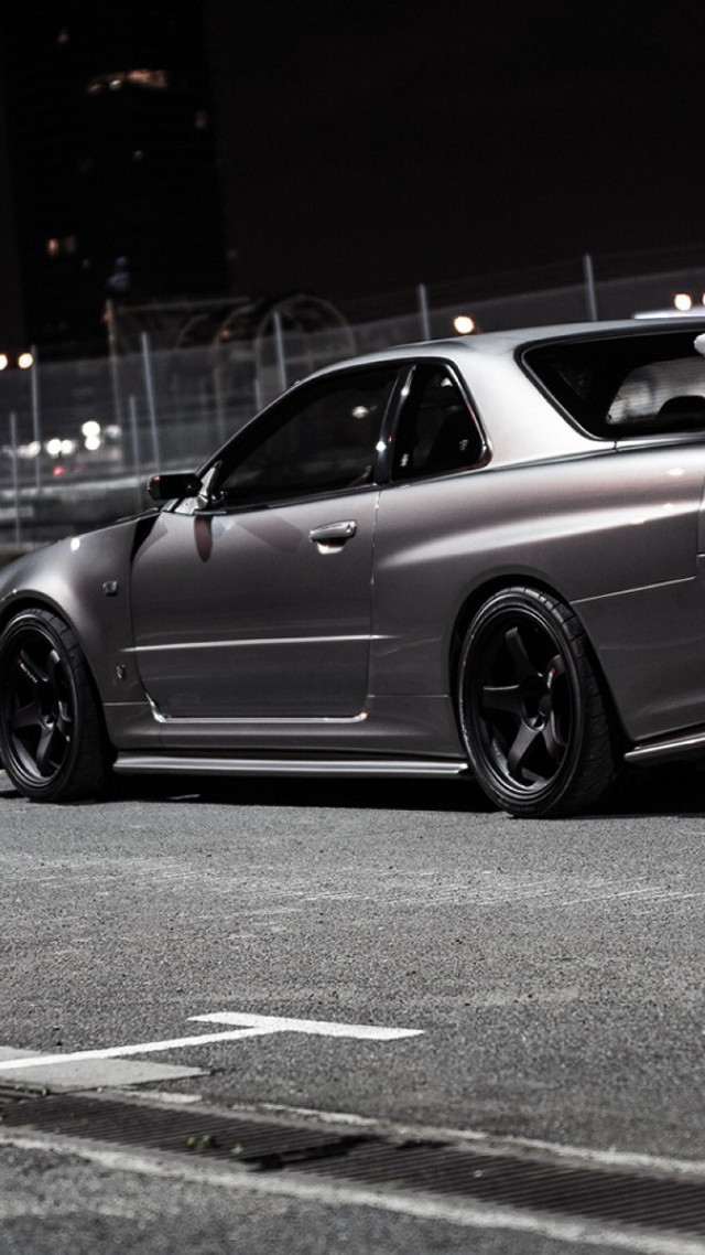 Silver car parked road night free wallpaper for mobile - medium preview image