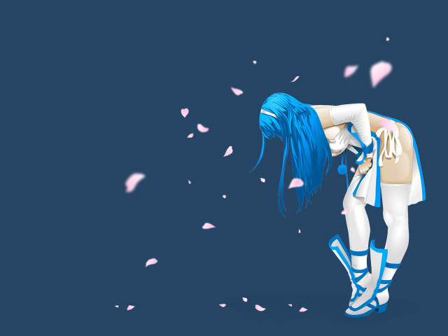 Blue hair woman bending shoes free wallpaper for desktop - medium preview image