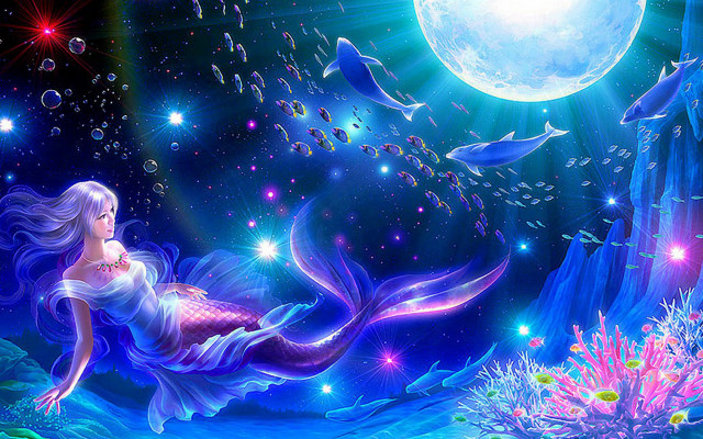 Mermaid swimming ocean full moon free wallpaper for desktop - medium preview image