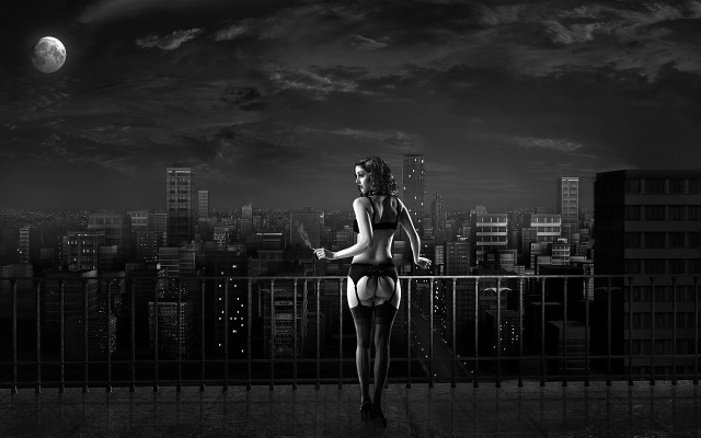 Woman bikini balcony city night free wallpaper for desktop - medium preview image