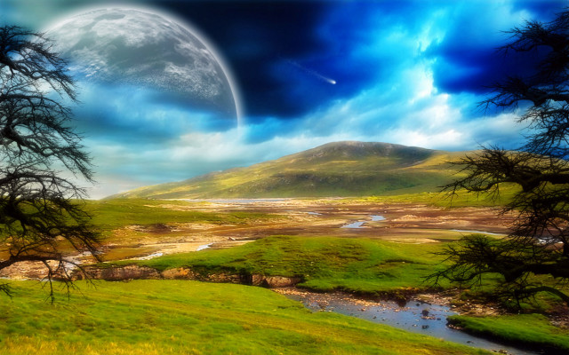 Landscape moon river mountain painting #4 free wallpaper for desktop - medium preview image