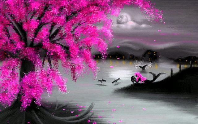 Pink flowers birds moon scenery free wallpaper for desktop - medium preview image
