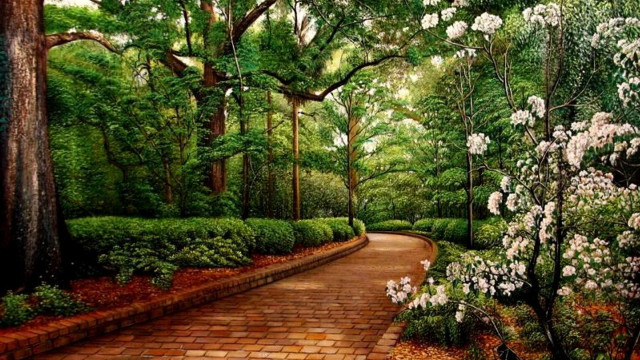 White flowering bush brick path free wallpaper for desktop - medium preview image
