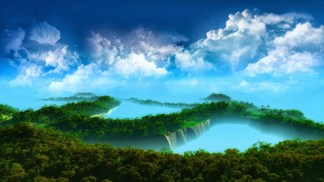 Landscape lake mountains clouds painting free wallpaper for desktop - medium preview image