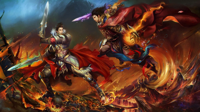 Two men armor fighting fire free wallpaper for desktop - medium preview image