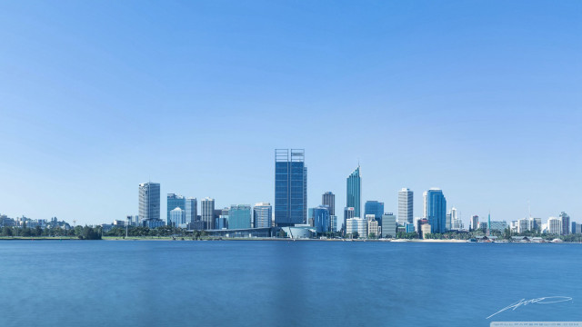 City skyline water blue sky free wallpaper for desktop - medium preview image