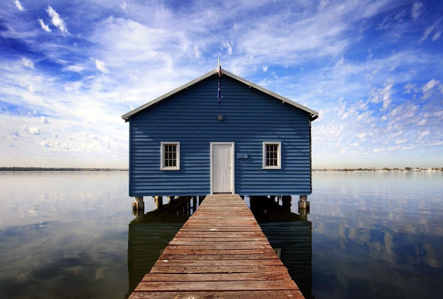Blue house wooden pier water #2 free wallpaper for desktop - medium preview image
