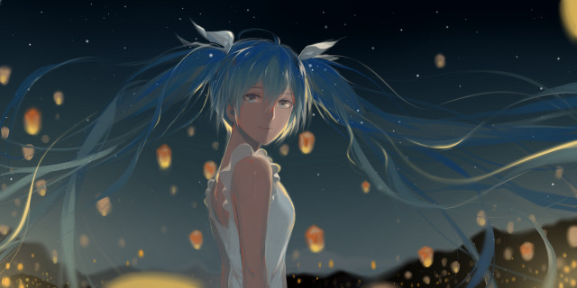 Woman blue hair night sky free wallpaper for desktop - medium preview image