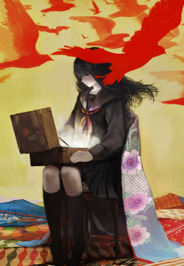 Woman bed box bird flying free wallpaper for mobile - medium preview image