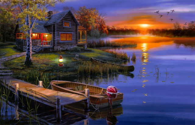 Boat lake cabin sunset full free wallpaper for desktop - medium preview image