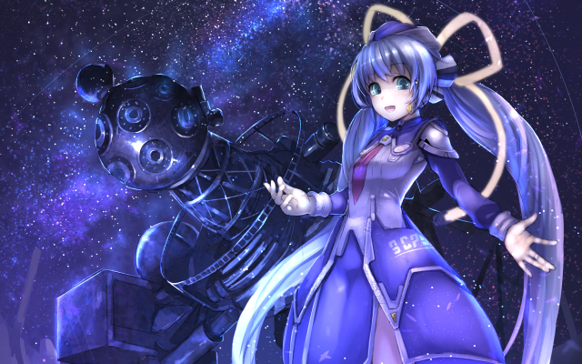 Girl purple dress robot space free wallpaper for desktop - medium preview image