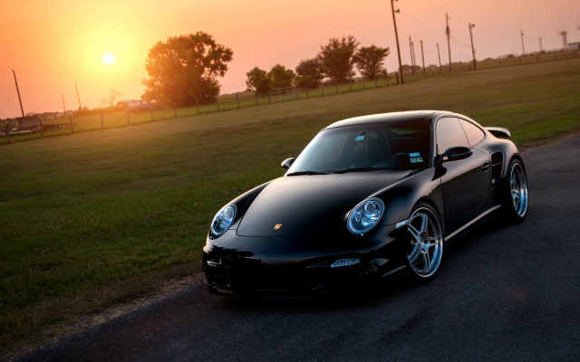 Black sports car sunset road #4 free wallpaper for desktop - medium preview image