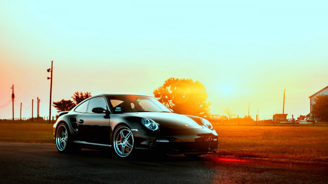 Black car sunset parked road free wallpaper for desktop - medium preview image