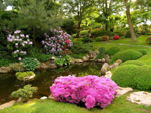 Garden pond flowers path bridge free wallpaper for desktop - medium preview image