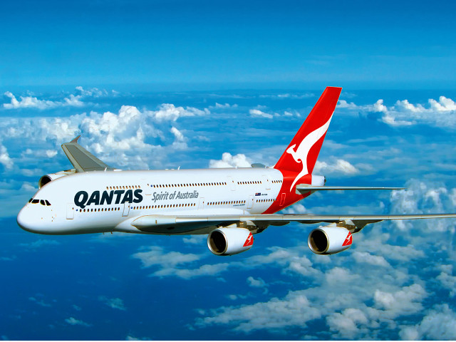 Qantas airplane flying sky clouds free wallpaper for desktop - medium preview image