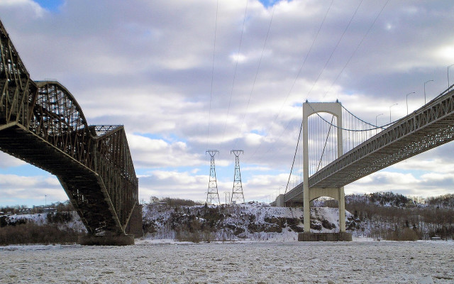 Bridge river powerlines snowfield trees free wallpaper for desktop - medium preview image