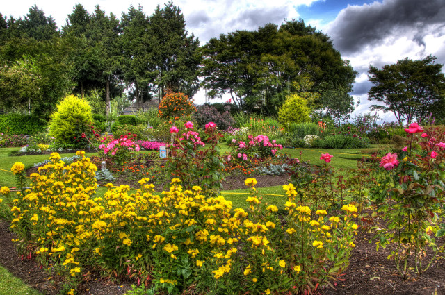 Garden flowers trees cloudy sky free wallpaper for desktop - medium preview image