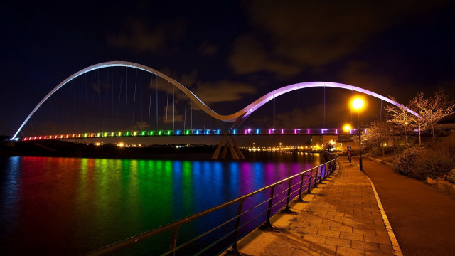Bridge lit rainbow light person free wallpaper for desktop - medium preview image