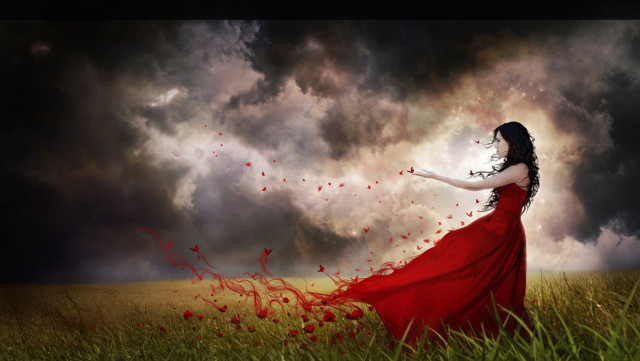 Woman red dress field red free wallpaper for desktop - medium preview image