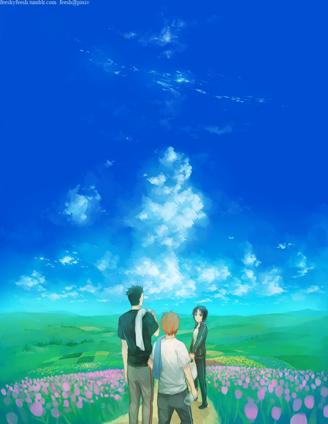 Couple people field flowers blue free wallpaper for mobile - medium preview image