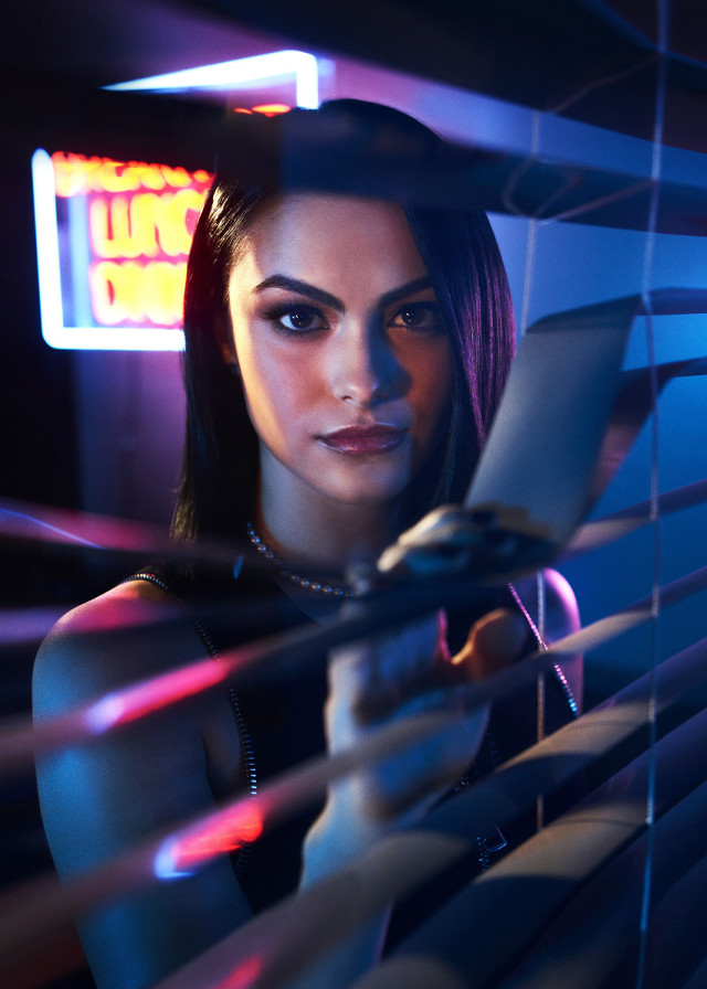 Woman looking through blinds neon free wallpaper for mobile - medium preview image