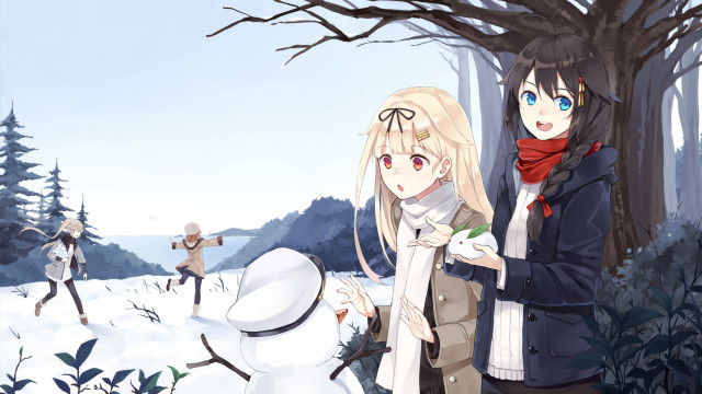 Anime characters snow snowman tree free wallpaper for desktop - medium preview image