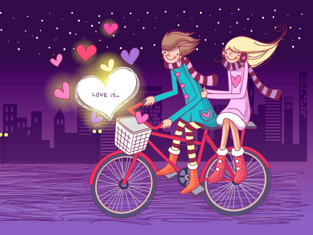 Couple bike city night hearts free wallpaper for desktop - medium preview image