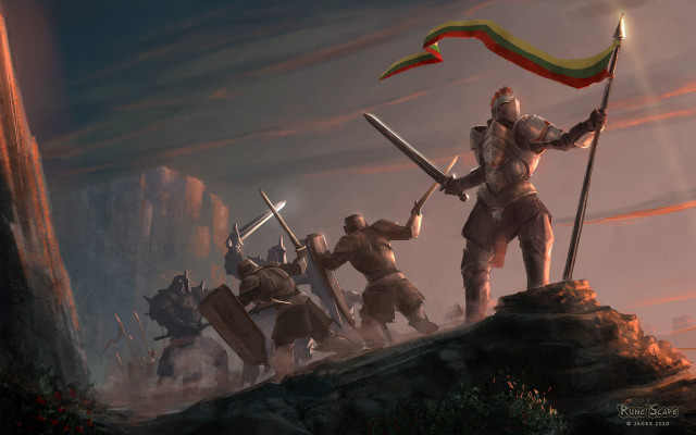 Knights holding flags standing hill free wallpaper for desktop - medium preview image