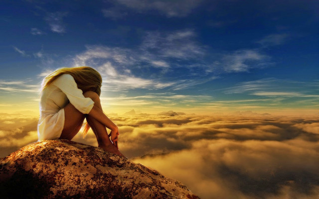 Woman rock clouds sky bright free wallpaper for desktop - medium preview image