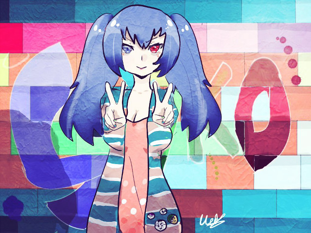 Cartoon girl blue hair peace free wallpaper for desktop - medium preview image