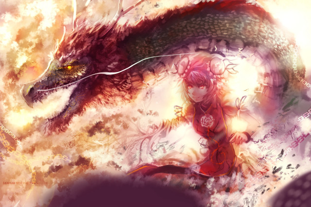 Woman red dress dragon red free wallpaper for desktop - medium preview image