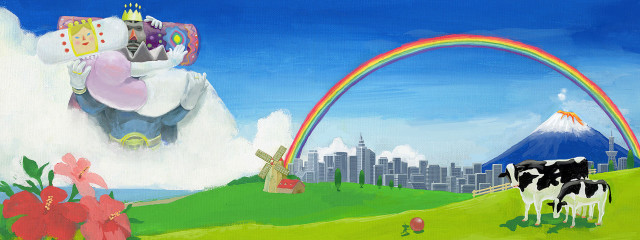 Cow rainbow city landscape painting free wallpaper for desktop - medium preview image