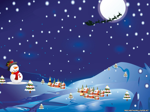 Snowman flying snowy village santa free wallpaper for desktop - medium preview image