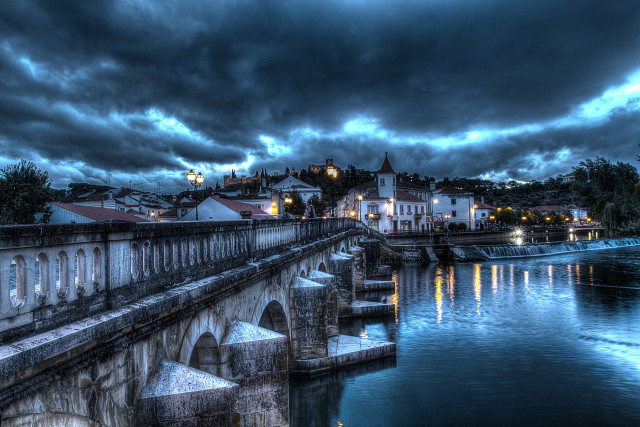 Bridge river city night clouds free wallpaper for desktop - medium preview image