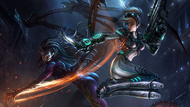 Futuristic women guns dark alley free wallpaper for desktop - medium preview image