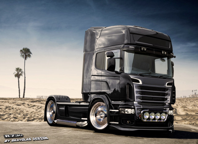 Black semi truck desert palm free wallpaper for desktop - medium preview image